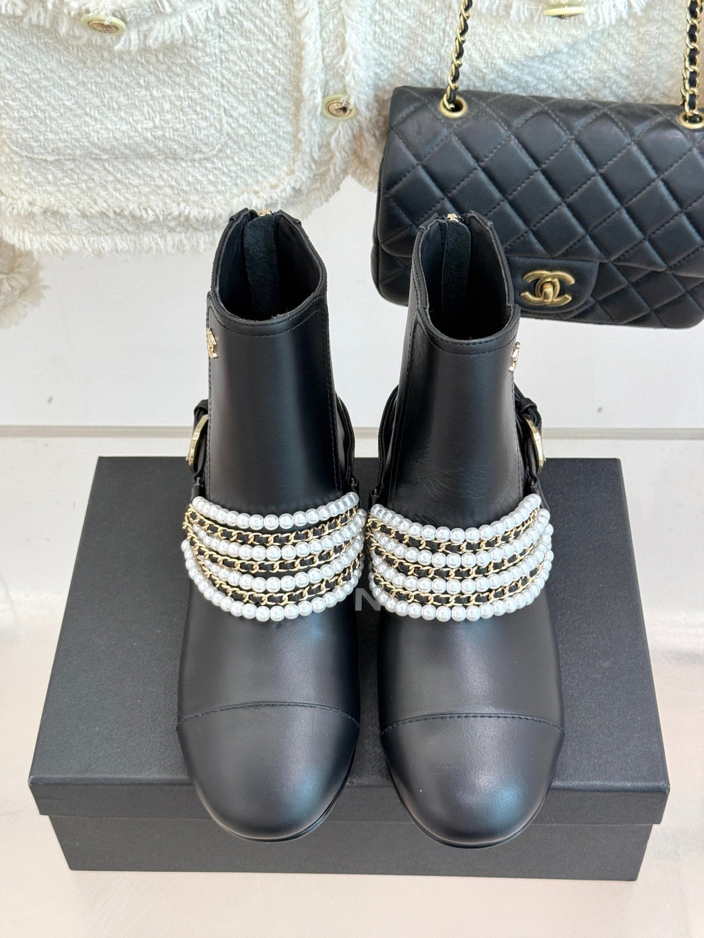 CC Classic Pearl Chain Colorblock Block Heel Ankle Boots Black Lambskin 473319