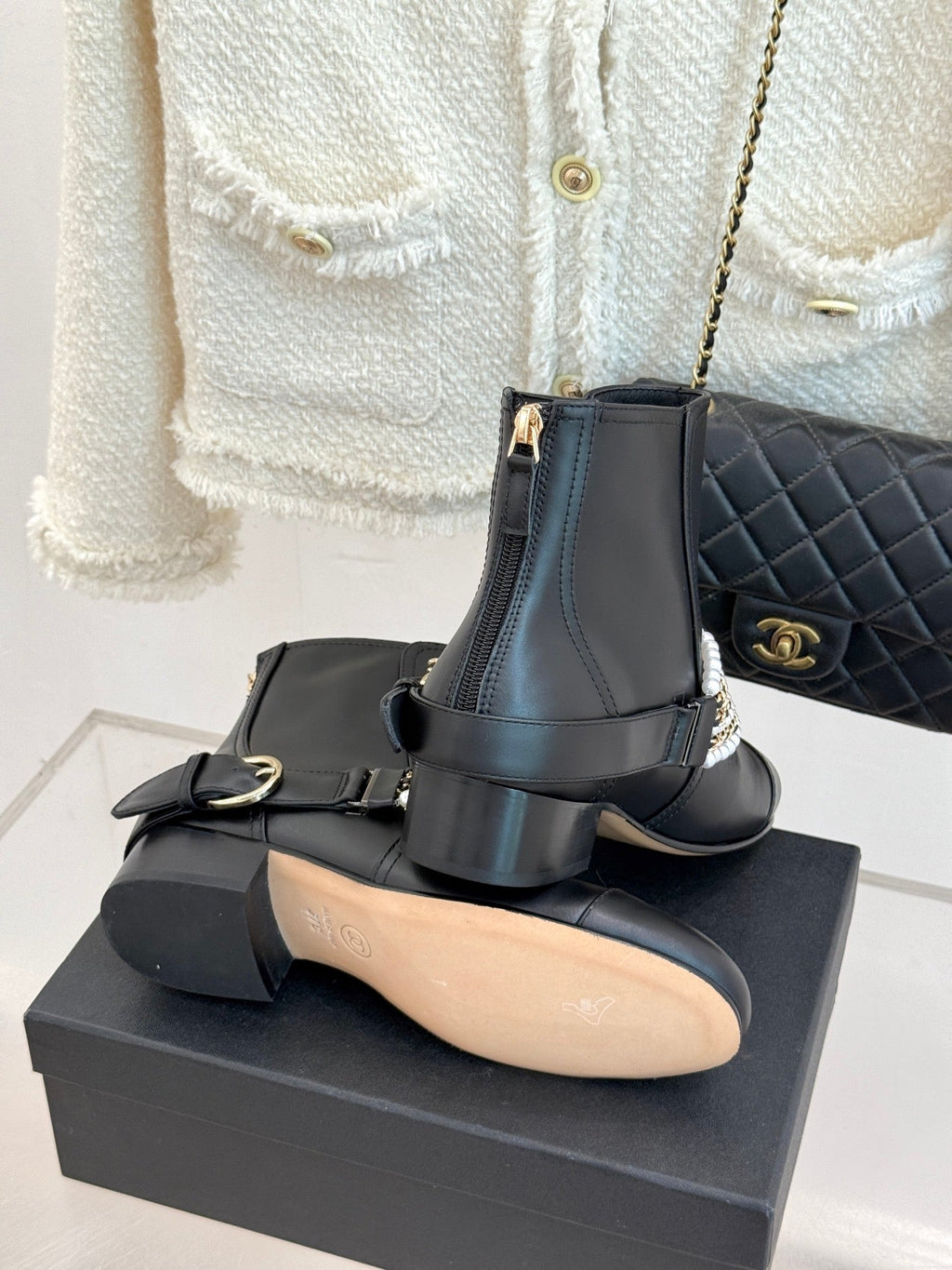 CC Classic Pearl Chain Colorblock Block Heel Ankle Boots Black Lambskin 473319