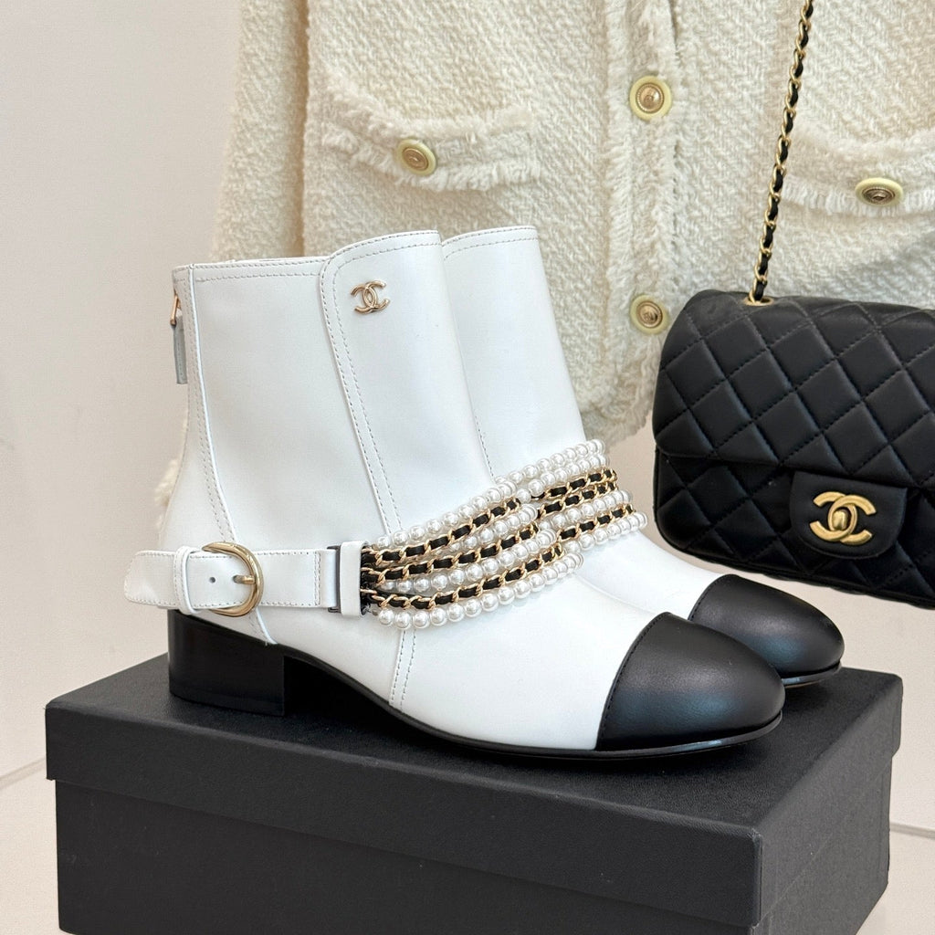 CC Classic Pearl Chain Colorblock Block Heel Ankle Boots White Lambskin 473318