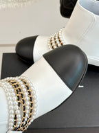 CC Classic Pearl Chain Colorblock Block Heel Ankle Boots White Lambskin 473318