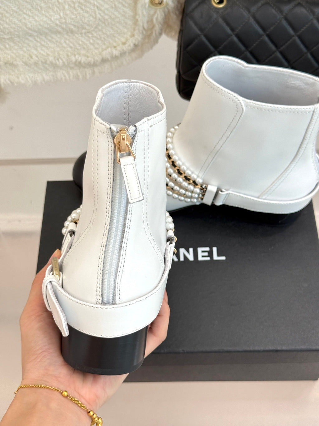 CC Classic Pearl Chain Colorblock Block Heel Ankle Boots White Lambskin 473318