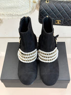 CC Classic Pearl Chain Colorblock Block Heel Ankle Boots Black Suede 473317