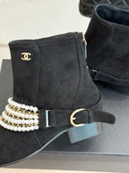 CC Classic Pearl Chain Colorblock Block Heel Ankle Boots Black Suede 473317