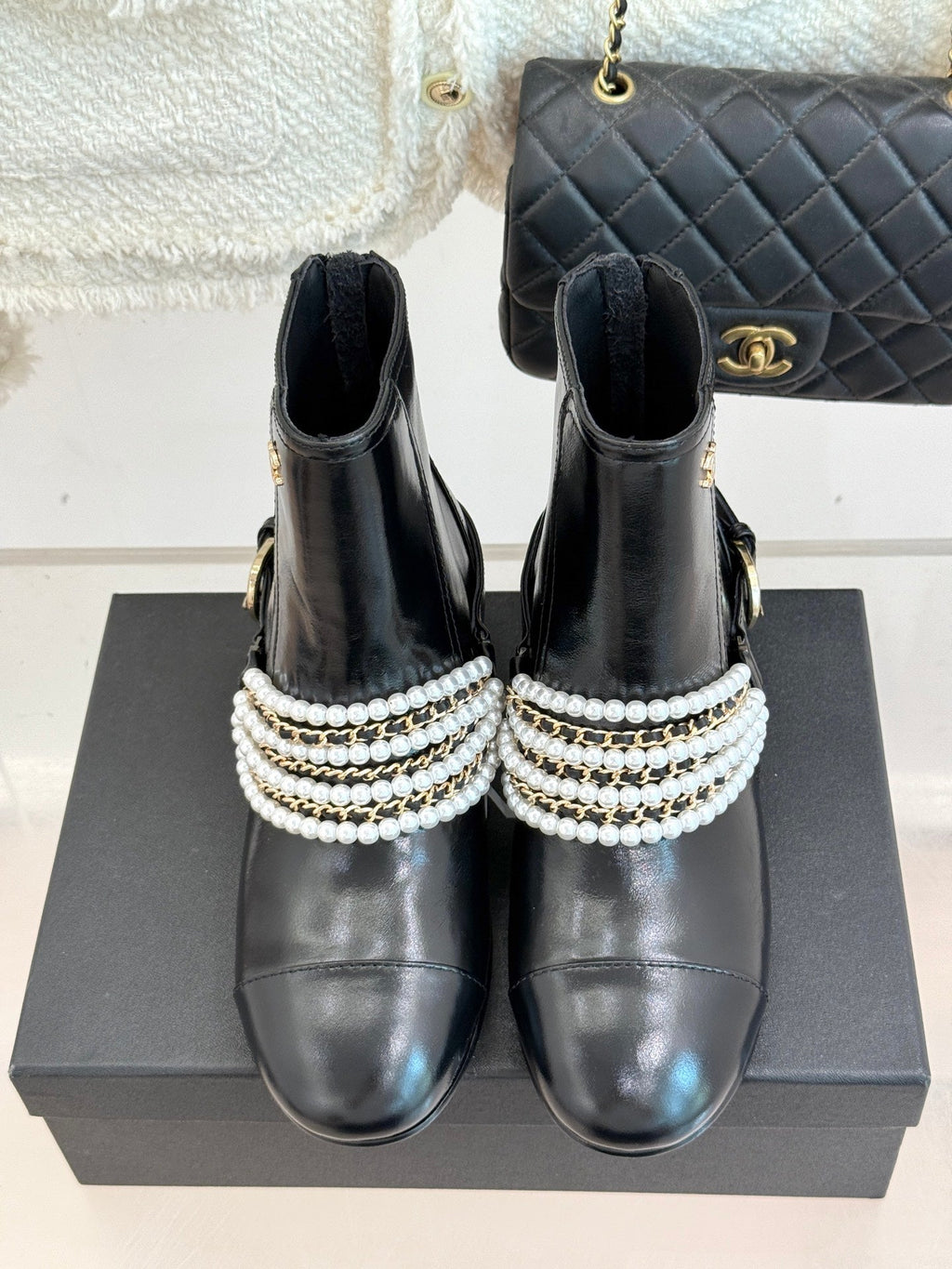 CC Classic Pearl Chain Colorblock Block Heel Ankle Boots Black Glossy Lambskin 473316