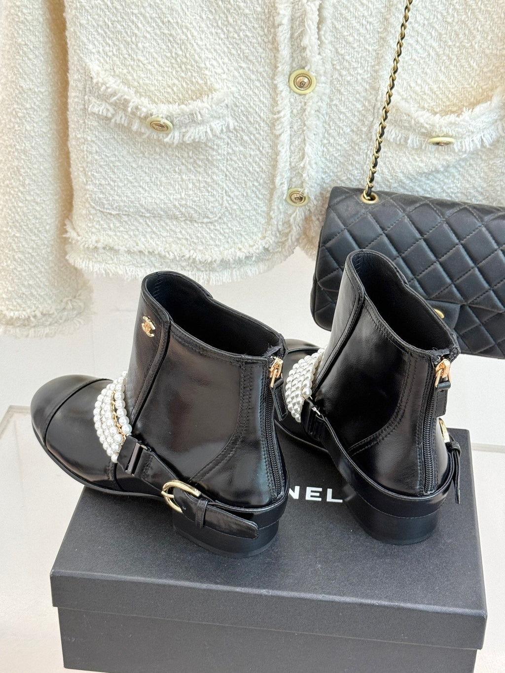 CC Classic Pearl Chain Colorblock Block Heel Ankle Boots Black Glossy Lambskin 473316