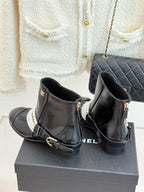 CC Classic Pearl Chain Colorblock Block Heel Ankle Boots Black Glossy Lambskin 473316
