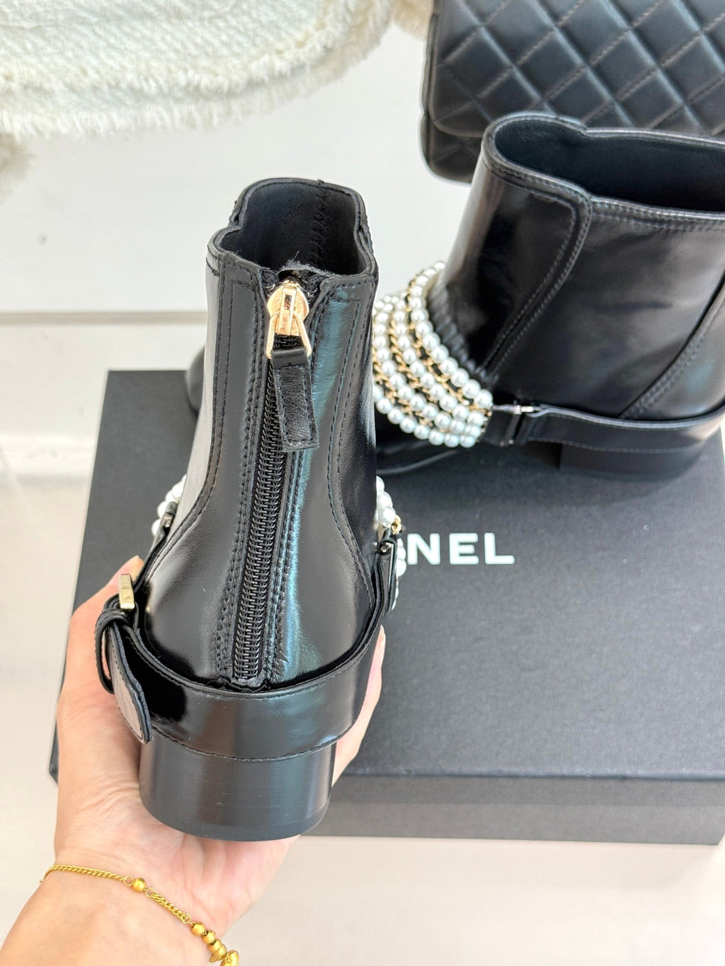 CC Classic Pearl Chain Colorblock Block Heel Ankle Boots Black Glossy Lambskin 473316