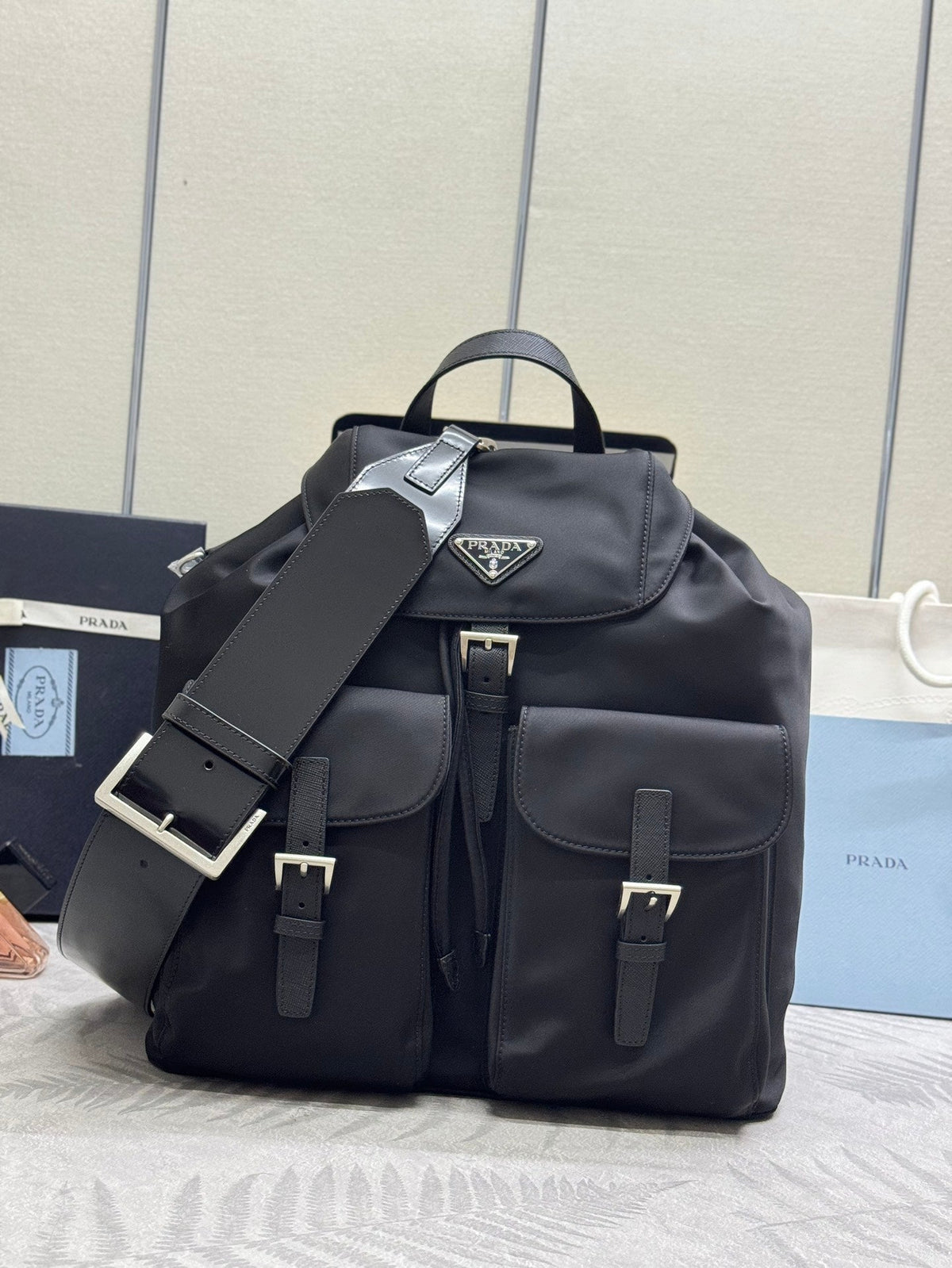 Pra Backpack Glossy Leather Strap Black Re-Nylon 267403