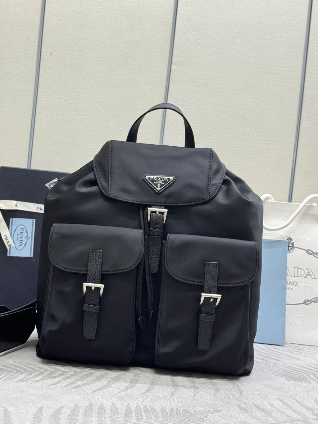 Pra Backpack Glossy Leather Strap Black Re-Nylon 267403