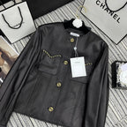 CC Round Crew Neck Leather Chain Jacket Black Lambskin