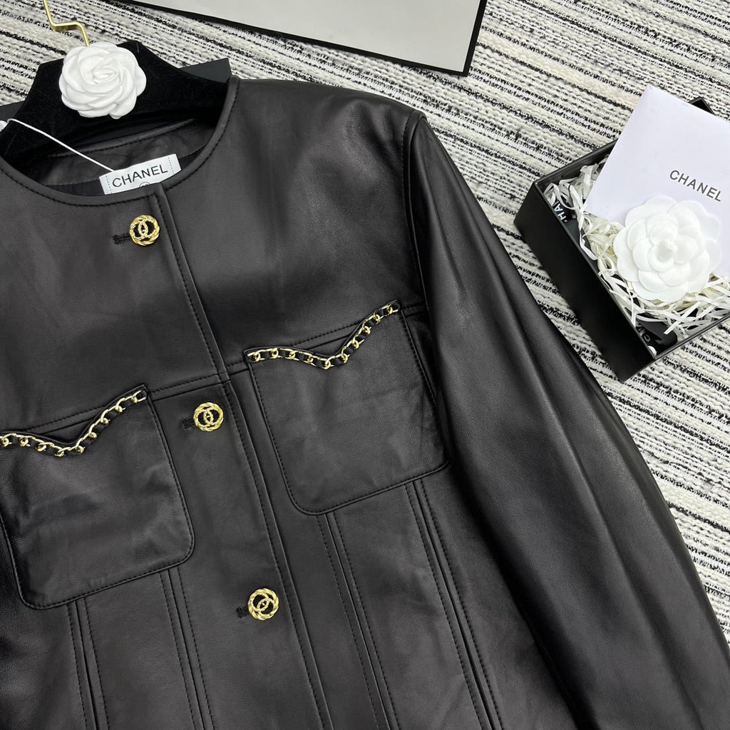 CC Round Crew Neck Leather Chain Jacket Black Lambskin