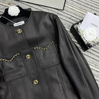 CC Round Crew Neck Leather Chain Jacket Black Lambskin
