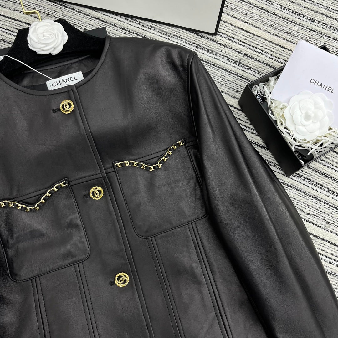 CC Round Crew Neck Leather Chain Jacket Black Lambskin