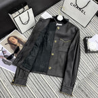 CC Round Crew Neck Leather Chain Jacket Black Lambskin