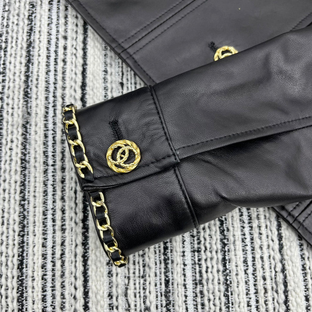 CC Round Crew Neck Leather Chain Jacket Black Lambskin