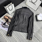 CC Round Crew Neck Leather Chain Jacket Black Lambskin