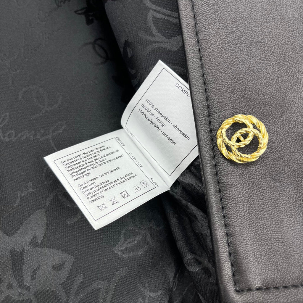 CC Round Crew Neck Leather Chain Jacket Black Lambskin