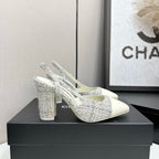CC 25SS Classic Slingbacks 10cm High Heel White Tweed Cowhide 490183