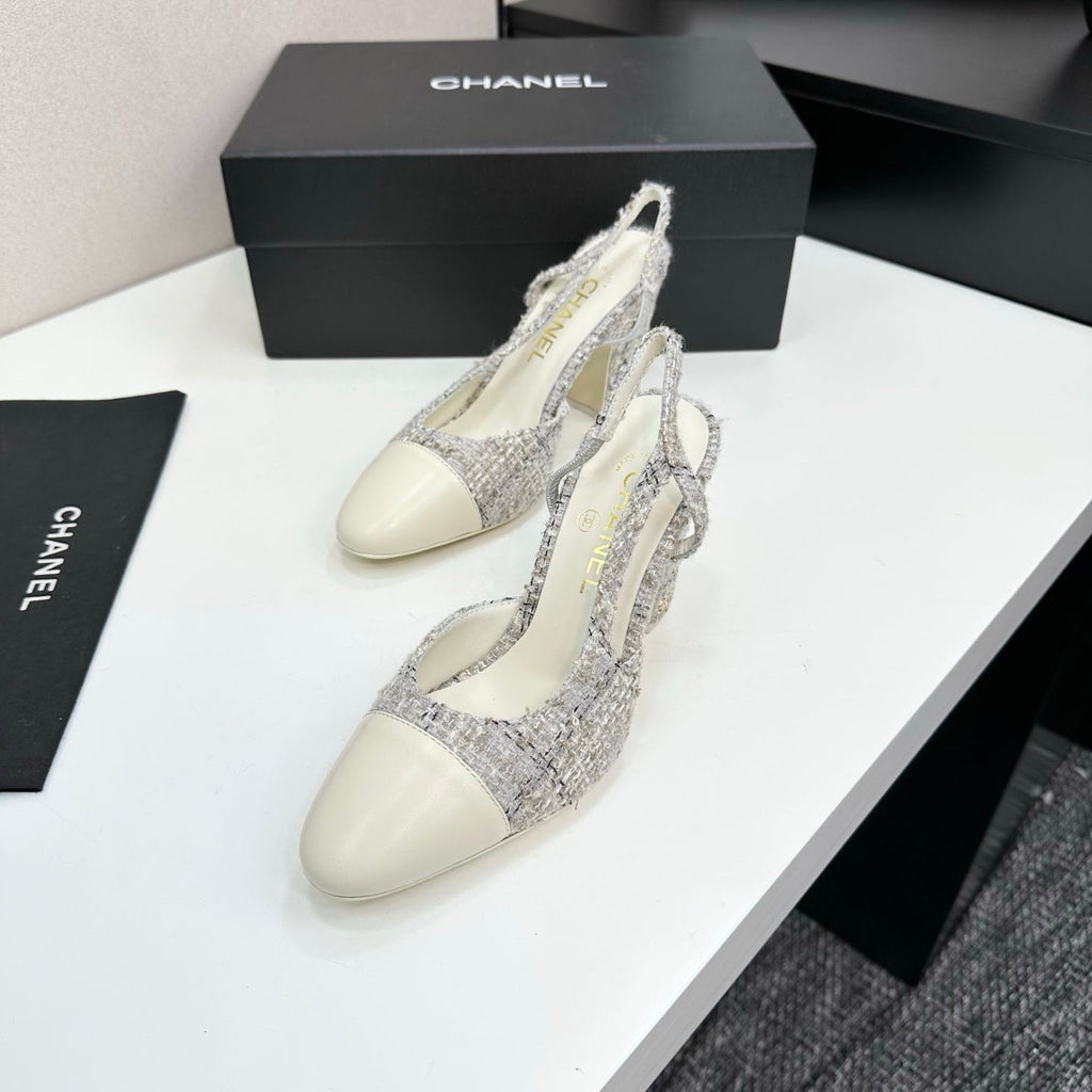 CC 25SS Classic Slingbacks 10cm High Heel White Tweed Cowhide 490183