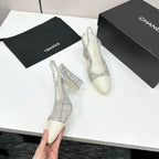 CC 25SS Classic Slingbacks 10cm High Heel White Tweed Cowhide 490183