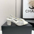 CC 25SS Classic Slingbacks 6cm High Heel White Tweed Cowhide 490182