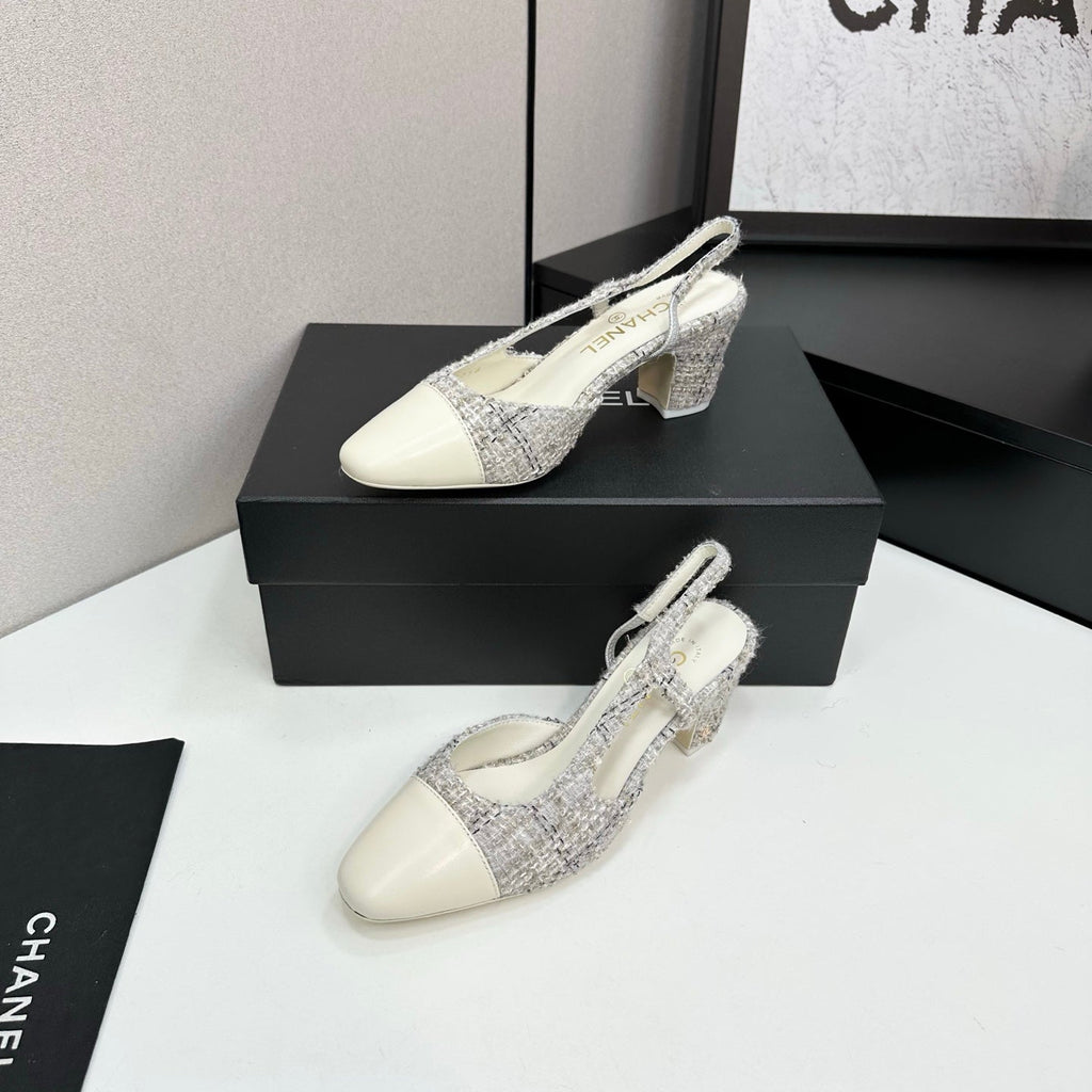 CC 25SS Classic Slingbacks 6cm High Heel White Tweed Cowhide 490182