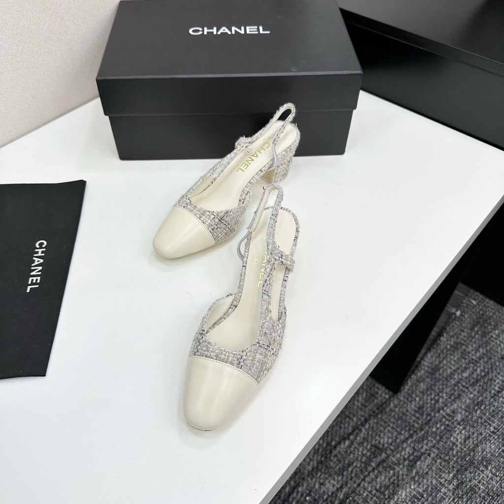 CC 25SS Classic Slingbacks 6cm High Heel White Tweed Cowhide 490182