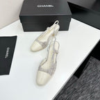 CC 25SS Classic Slingbacks 6cm High Heel White Tweed Cowhide 490182
