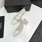 CC 25SS Classic Slingbacks 6cm High Heel White Tweed Cowhide 490182