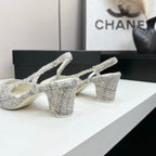CC 25SS Classic Slingbacks 6cm High Heel White Tweed Cowhide 490182