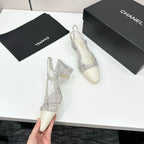 CC 25SS Classic Slingbacks 6cm High Heel White Tweed Cowhide 490182
