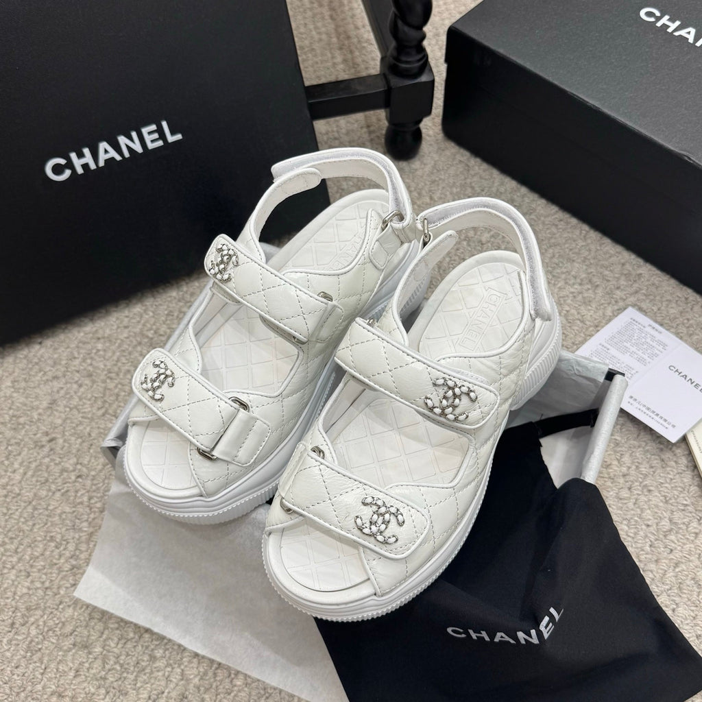 CC 25B Thick-Sole Casual Sandals with Velcro White Leather 489311