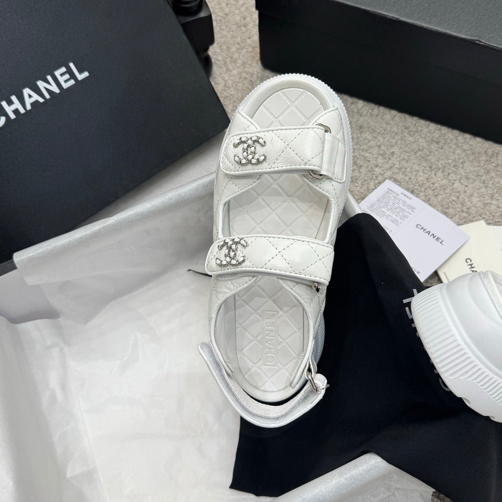 CC 25B Thick-Sole Casual Sandals with Velcro White Leather 489311