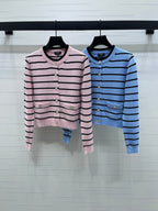 CC 25 Round Neck Striped Knitted Wool Pink Cardigan