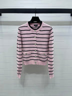 CC 25 Round Neck Striped Knitted Wool Pink Cardigan