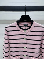 CC 25 Round Neck Striped Knitted Wool Pink Cardigan