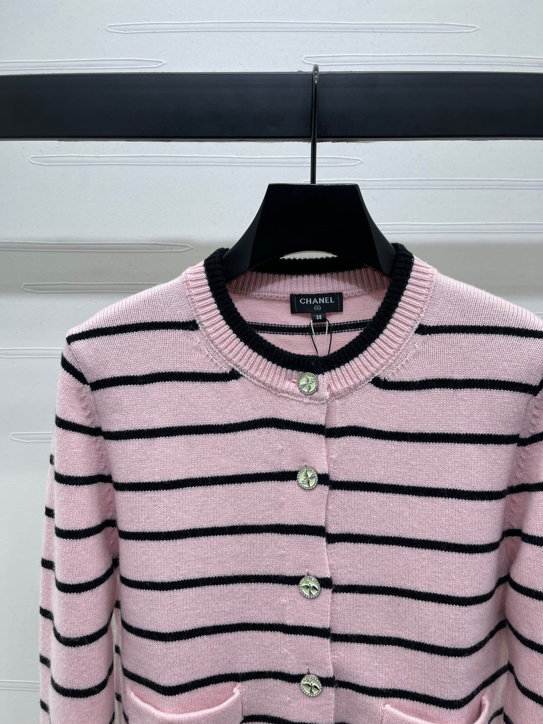 CC 25 Round Neck Striped Knitted Wool Pink Cardigan
