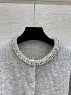 CC 25F Heavy Beaded CrewNeck Knit Wool Long-Sleeved Cardigan