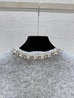 CC 25F Heavy Beaded CrewNeck Knit Wool Long-Sleeved Cardigan