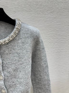 CC 25F Heavy Beaded CrewNeck Knit Wool Long-Sleeved Cardigan