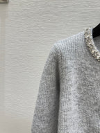 CC 25F Heavy Beaded CrewNeck Knit Wool Long-Sleeved Cardigan