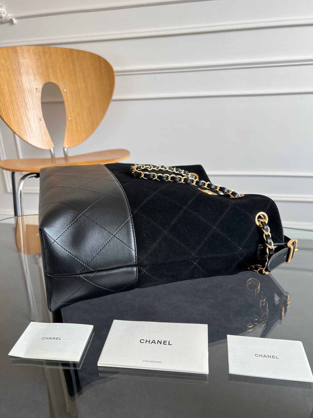 CC 25A Tote Bag Black Suede Black Calfskin