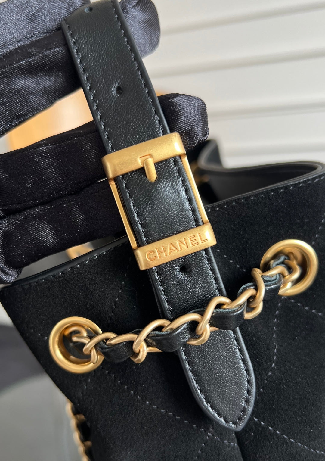 CC 25A Tote Bag Black Suede Black Calfskin