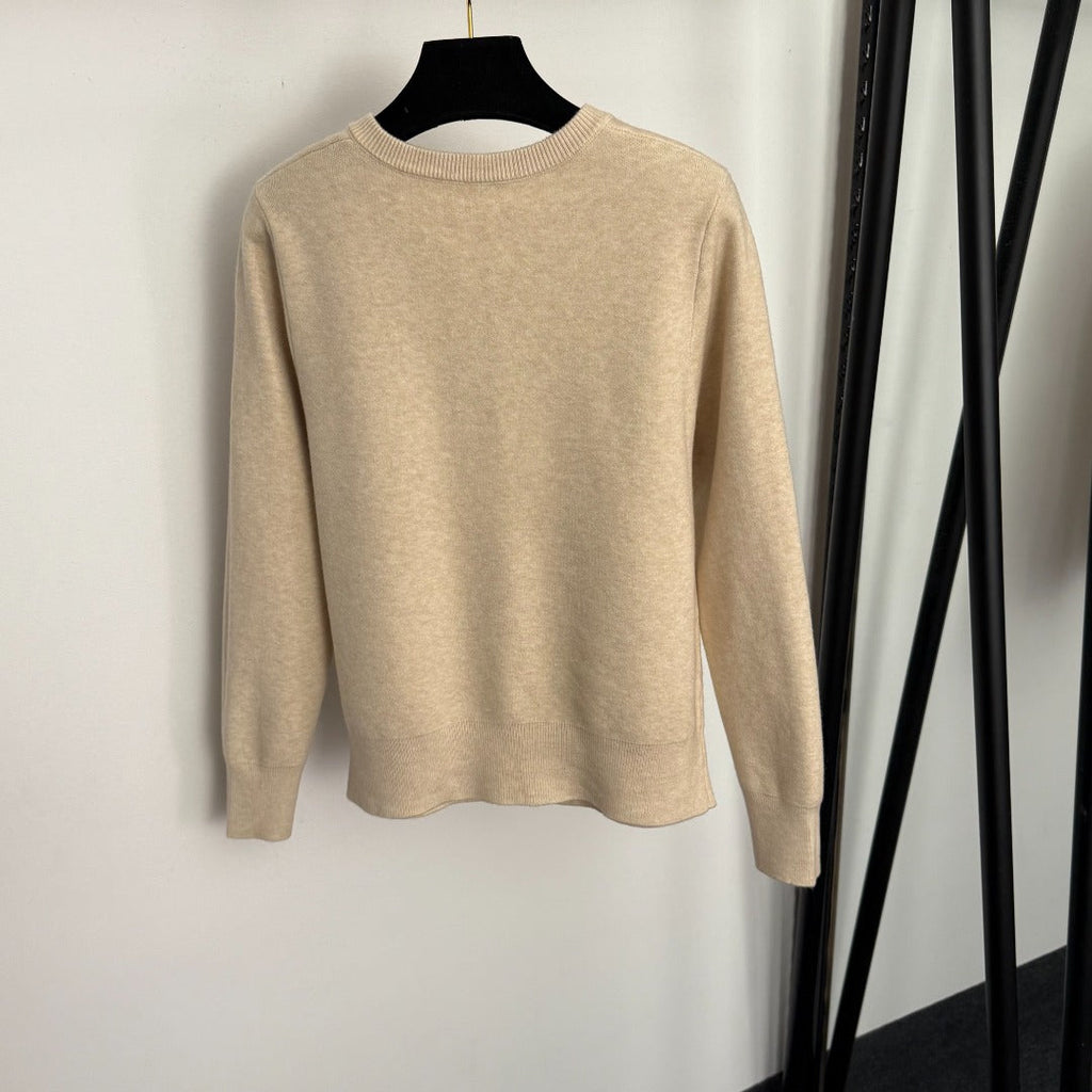 CC Bow Single-Breasted Round Neck Long-Sleeved Knit Cardigan