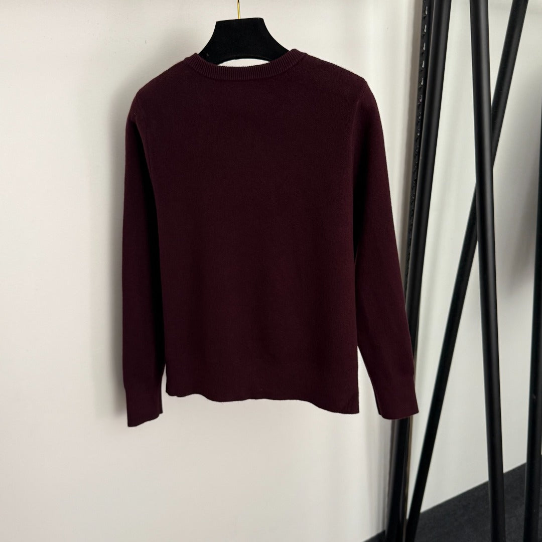 CC Bow Single-Breasted Round Neck Long-Sleeved Knit Cardigan