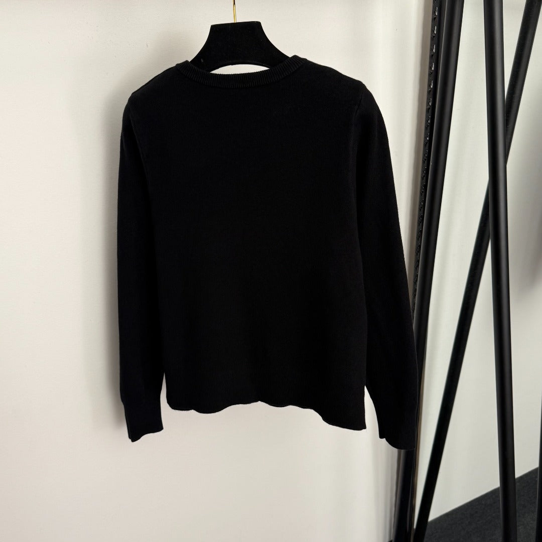 CC Bow Single-Breasted Round Neck Long-Sleeved Knit Cardigan