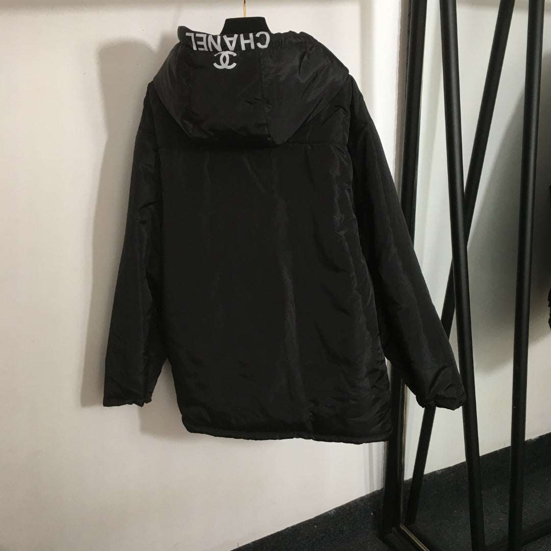 CC Side Slit Logo Half-zip Long-sleeved Hooded Cotton Jacket