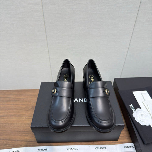 CC 25K Logo Button Loafers 35mm High Heel Black Calfskin 517627
