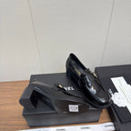 CC 25K Logo Button Loafers 35mm High Heel Shiny Black Calfskin 517625
