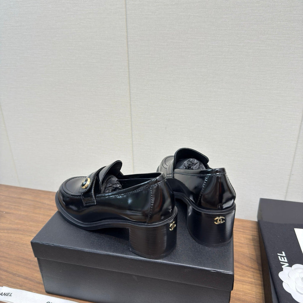 CC 25K Logo Button Loafers 35mm High Heel Shiny Black Calfskin 517625